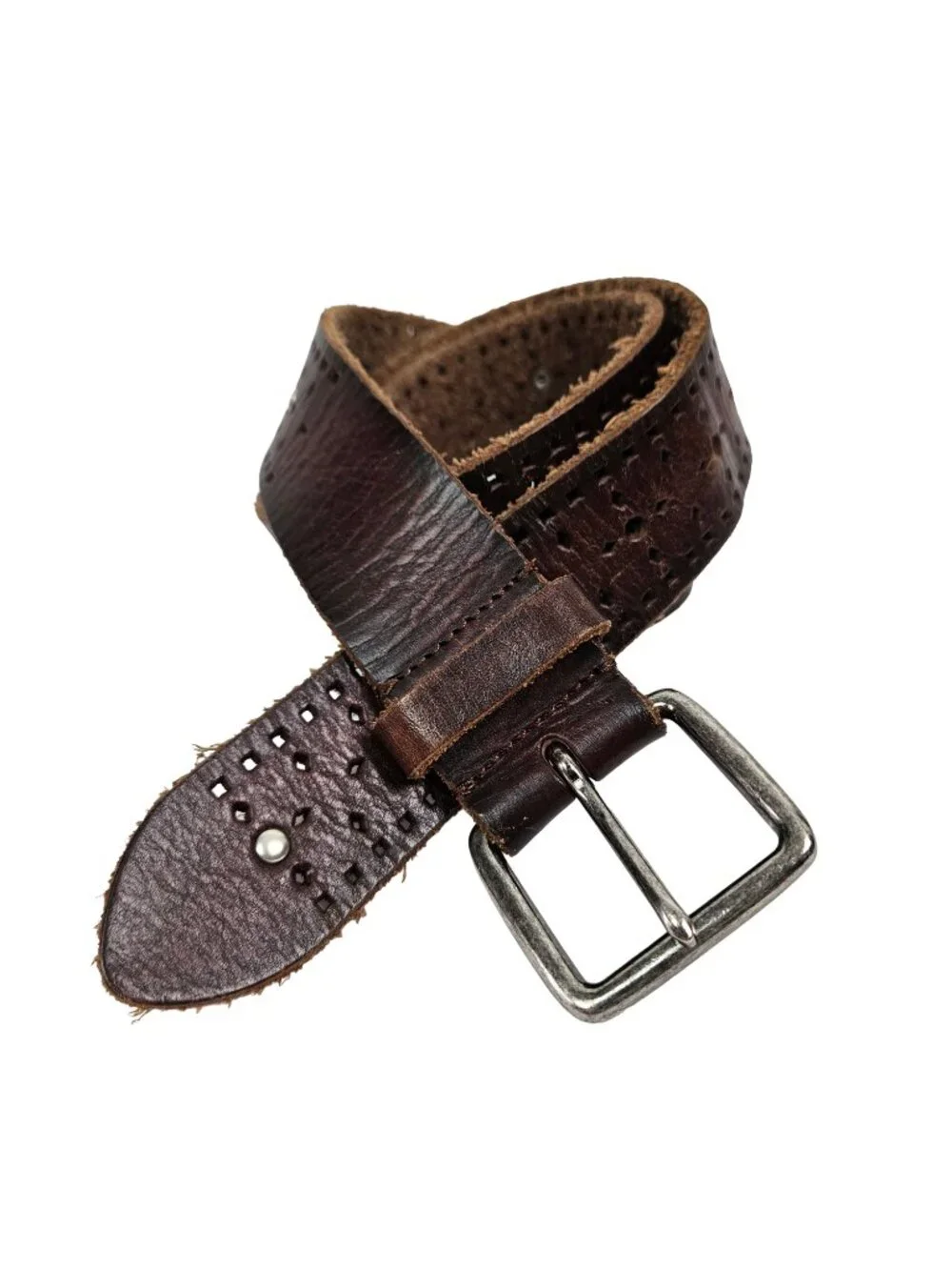 Boho Western Chocolate Brown Perforated Tooled Silver Stud Leather Belt